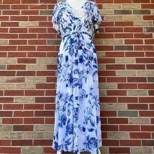 Monique Lhuillier Floral/Fruit Print Flutter Sleeve White Blue Maxi Dress 👗